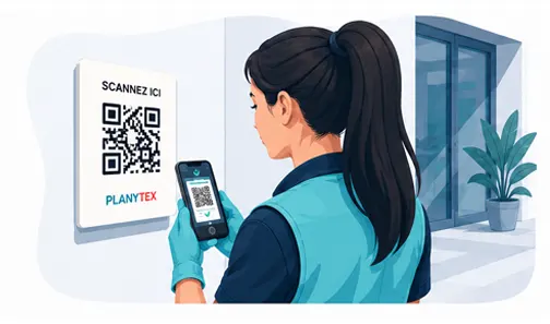 Agent d'entretien scannant un QR code Planytex